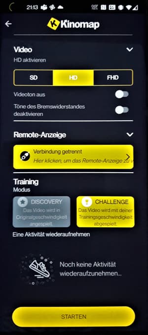Kinomap App Video Einstellungen Challenge Discovery